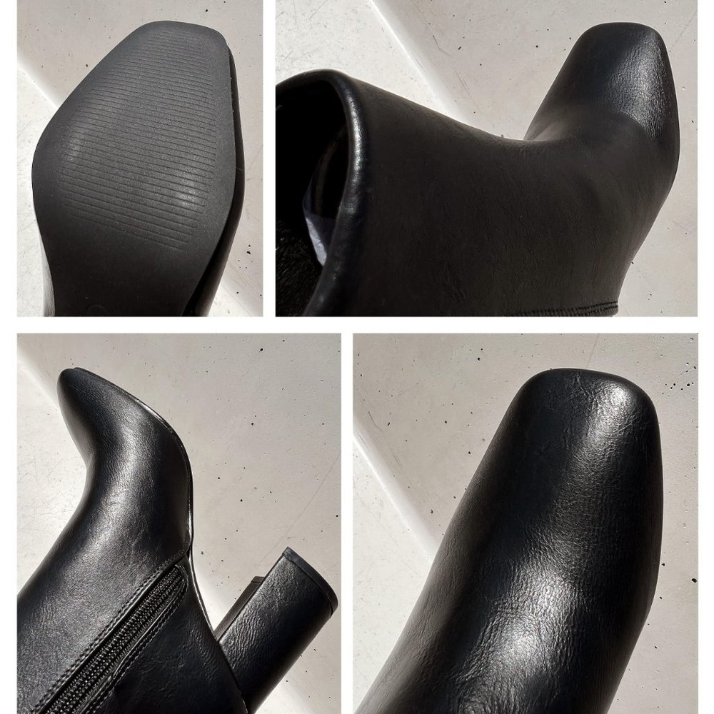 NEW Black Faux Leather Sleek Slim Square Toe Block Heel Ankle Boots Bootie Shoes - Picture 9 of 13